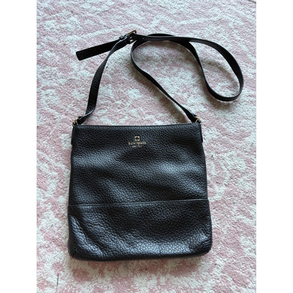 Kate Spade New York Black Pebbled Leather Crossbody Bag Gold Logo Slim Messenger